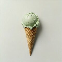 Green ice cream in cone, top view on a white background