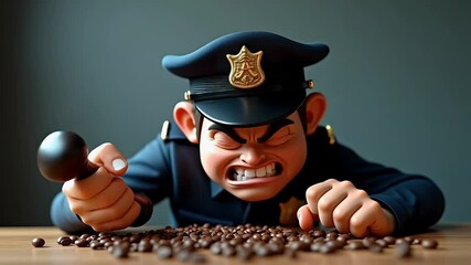 Angry, cartoon policeman in uniform with a coffee grinder and a pile of brown beans