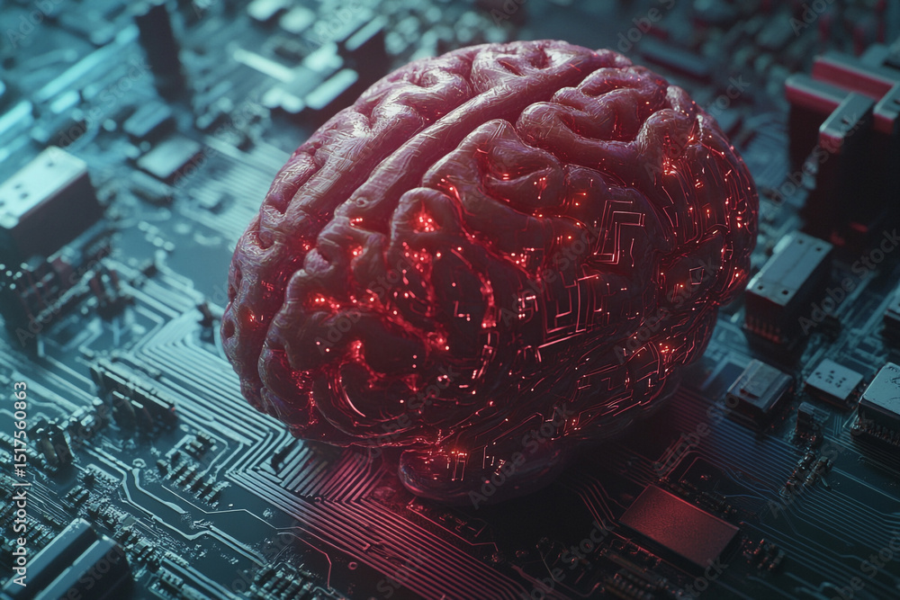 Poster a human brain rests on a circuit board glowing red representing artificial intelligence or neural ne