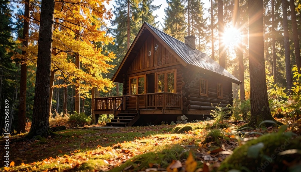 Poster cozy log cabin surrounded by vibrant autumn foliage in a serene forest setting with sunlight streami