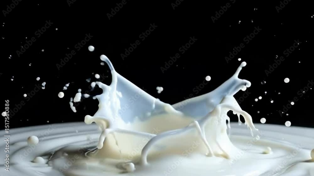 Poster the image depicts a dynamic splash of milk against a dark background, capturing the fluid motion and