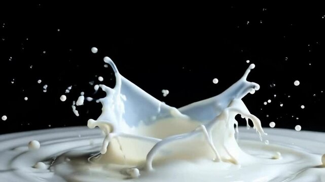The image depicts a dynamic splash of milk against a dark background, capturing the fluid motion and droplets in mid-air.