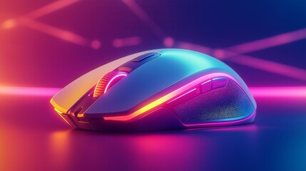 Futuristic gaming mouse with neon lighting effects, sleek design, and colorful illumination on a dark background with light streaks