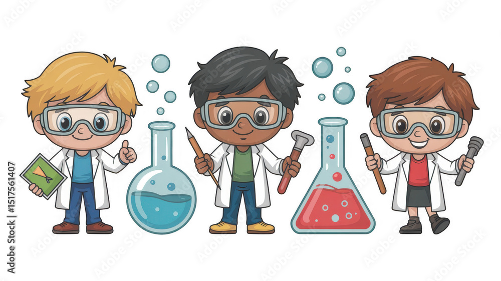 Poster three young scientists in lab coats and goggles conducting experiments with beakers and test tubes, 