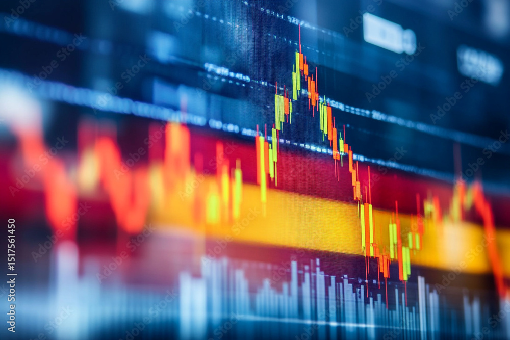 Poster colorful stock market data displayed on a screen showing various financial charts and graphs