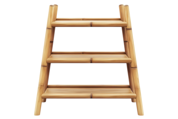 Rustic bamboo ladder shelf Wood tone decor Three tiered storage unit on transparent background