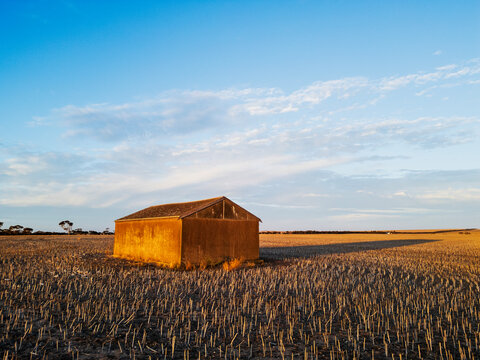 Small barn and crop stubble. Eyre Peninsula. South Australia. 