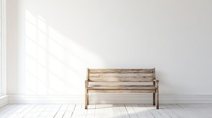 Simple wooden bench in front of clean white wall
