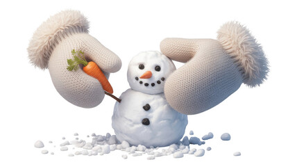Obraz premium Two gloved hands carefully placing a bright orange carrot nose onto a cheerful snowman, set against a transparent background, captures the essence of a whimsical winter scene