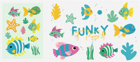 Underwater Funky Fish Illustration olorful hand-drawn fish, starfish, and seaweed with whimsical bubbles in a doodle style
