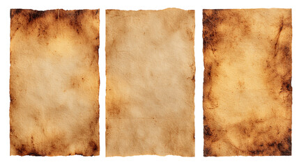 Three Aged Paper Textures with Burnt Edges on Transparent Background, PNG