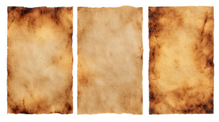 Three Aged Paper Textures with Burnt Edges on Transparent Background, PNG
