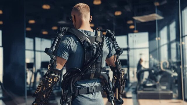 Man wearing exoskeleton in a gym