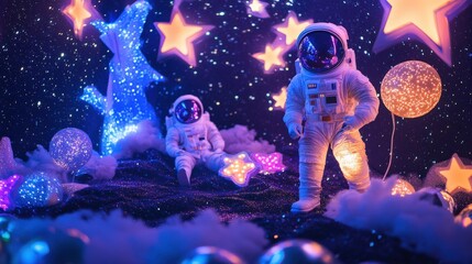 A space-themed birthday with glowing stars, astronaut props, and holographic decor resembling a starry galaxy