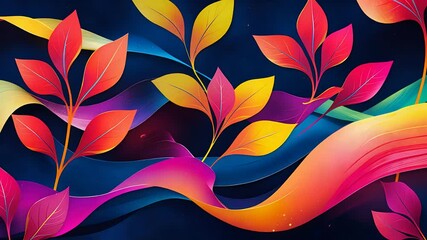 Colorful abstract foliage with vibrant leaves and swirling gradient ribbons on dark background in modern decorative digital art composition

 - Powered by Adobe