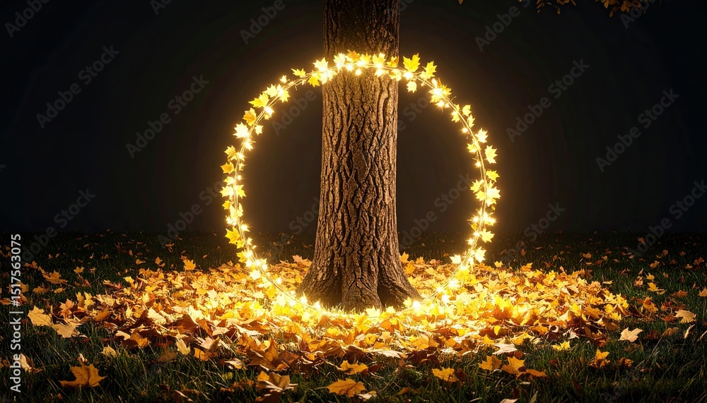 Poster illuminated autumn leaves encircle a tree trunk against a dark background, creating a magical fall a