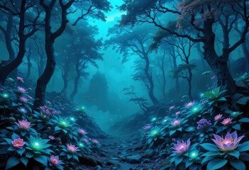 Fototapeta premium Mysterious mystical forest with glowing flowers illuminated by soft blue light