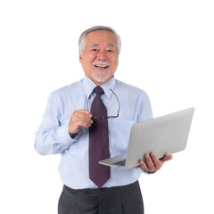Happy senior businessman holding laptop and eyeglasses, smiling confidently while wearing formal shirt and tie, working online and isolated on a transparent background, technology experience concept