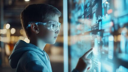 Young Innovator at Work: A young boy wearing advanced digital glasses, engrossed in a high-tech display, embodies the curiosity and potential of future innovators. - Powered by Adobe
