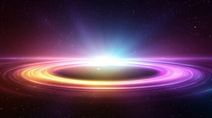 Minimalistic illustration of a rainbow-colored planet with glowing rings and a bright light at the horizon, set against a starry space background