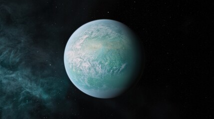 A captivating pear shaped planet suspended in the serene and mysterious expanse of the cosmos its aquamarine atmosphere and swirling clouds creating an otherworldly futuristic scene