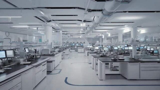 Modern, pristine empty laboratory or research facility with multiple workstations and advanced equipment. Ideal for science, research, clean environments, and high-tech innovation.