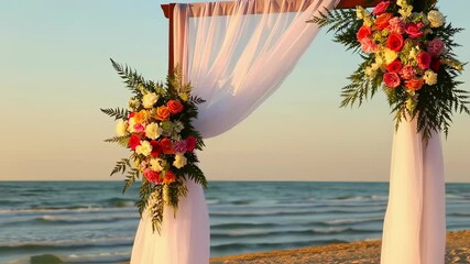 Romantic beach sunset wedding arch with flowing white drapes and vibrant flowers.