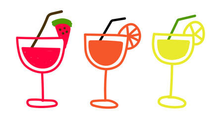 Set of watermelon, orange and lemon juice in glasses, hand drawn fruit juices, fresh summer illustration