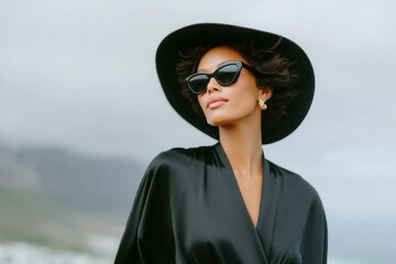 Fashion model wearing sunglasses and wide brimmed hat posing outdoors