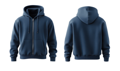 dark blue hoodie mockup zip up hoodie mockup front and back and side completely separated from background