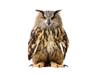Fototapeta premium Eurasian eagle-owl with bright orange eyes isolated on white background 