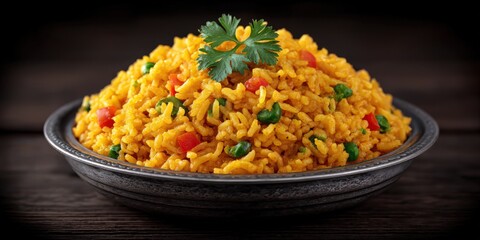 Deliciously spiced rice garnished with fresh coriander and mixed vegetables served in a decorative bowl highlighting vibrant colors and textures for culinary photography