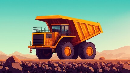 Obraz premium A large vibrant orange mining dump truck navigating through a rocky mountainous desert environment with a clear blue sky in the background