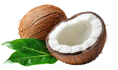fresh whole and half coconut and slices completely separated from background