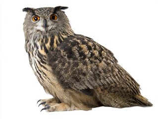 Naklejka premium Eurasian eagle-owl with bright orange eyes isolated on white background 