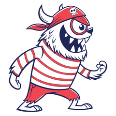 A fierce, one-eyed pirate monster with a striped shirt, wielding a cutlass, on a treasure chest.  Detailed, vibrant, whimsical style.