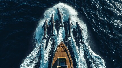 Aerial top-down view of a group of dolphins riding the bow wave of a wooden boat