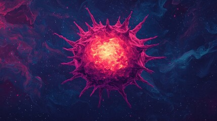 A surreal glowing cosmic fruit planet with a spiky fiery exterior reminiscent of a lychee set against a dramatic colorful nebula backdrop