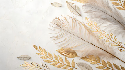 Photorealism. *Gilded Feathers in Soft Neutrals with Gold Leaf Detailing on Elegant Textured Background with Copy Space* 