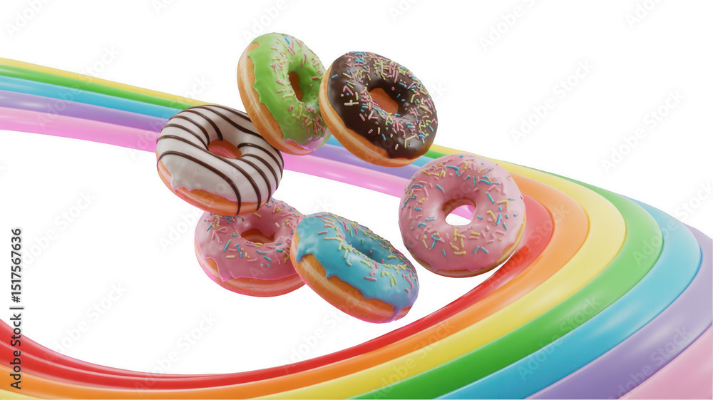 Poster delicious and colorful donuts of various flavors are floating on a vibrant rainbow, creating a cheer
