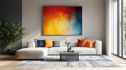 Living Room Design with Table and AI-Generated Colorful Artwork 