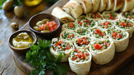 Freshly Prepared Tortilla Rolls with Hummus, Olive Oil, and Tomato Salad Garnished with Parsley