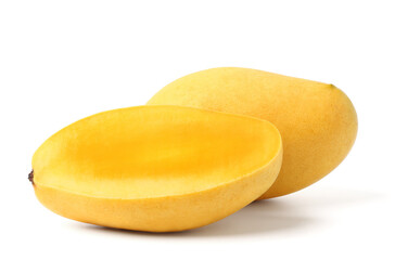 Ripe mango cut open reveals the yellow, juicy flesh. isolated on white background.