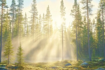 Obraz premium Sunlight streams through tall trees in a serene forest at dawn, creating a magical atmosphere in nature
