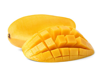 Ripe mango is cut open to reveal the yellow juicy flesh. isolated on white background.