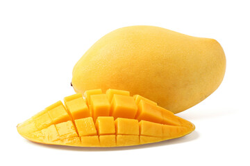 Ripe mango is cut open to reveal the yellow juicy flesh. isolated on white background.