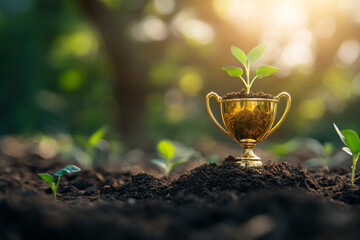 Golden trophy holds a small plant growing in rich soil surrounded by other seedlings in a sunlit garden