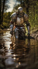 Naklejka premium Knight in shining armor wading through a stream. Medieval warrior in full plate armor crossing water. Historical fantasy concept, adventure quest theme.
