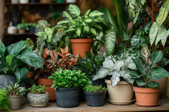 Lush green houseplants in various pots displayed on a wooden surface a beautiful indoor garden