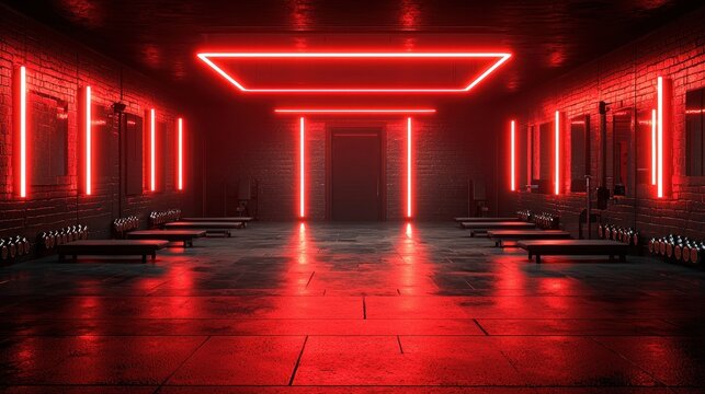 Red neon gym interior with benches